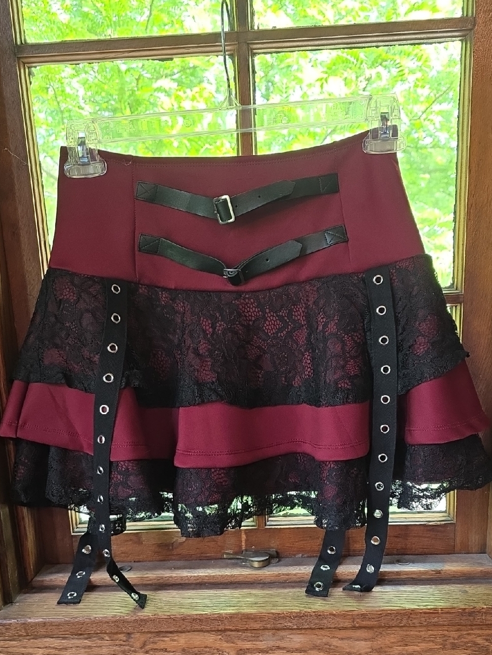 Burgundy Lace-Trim Skater Skirt with Buckle Straps